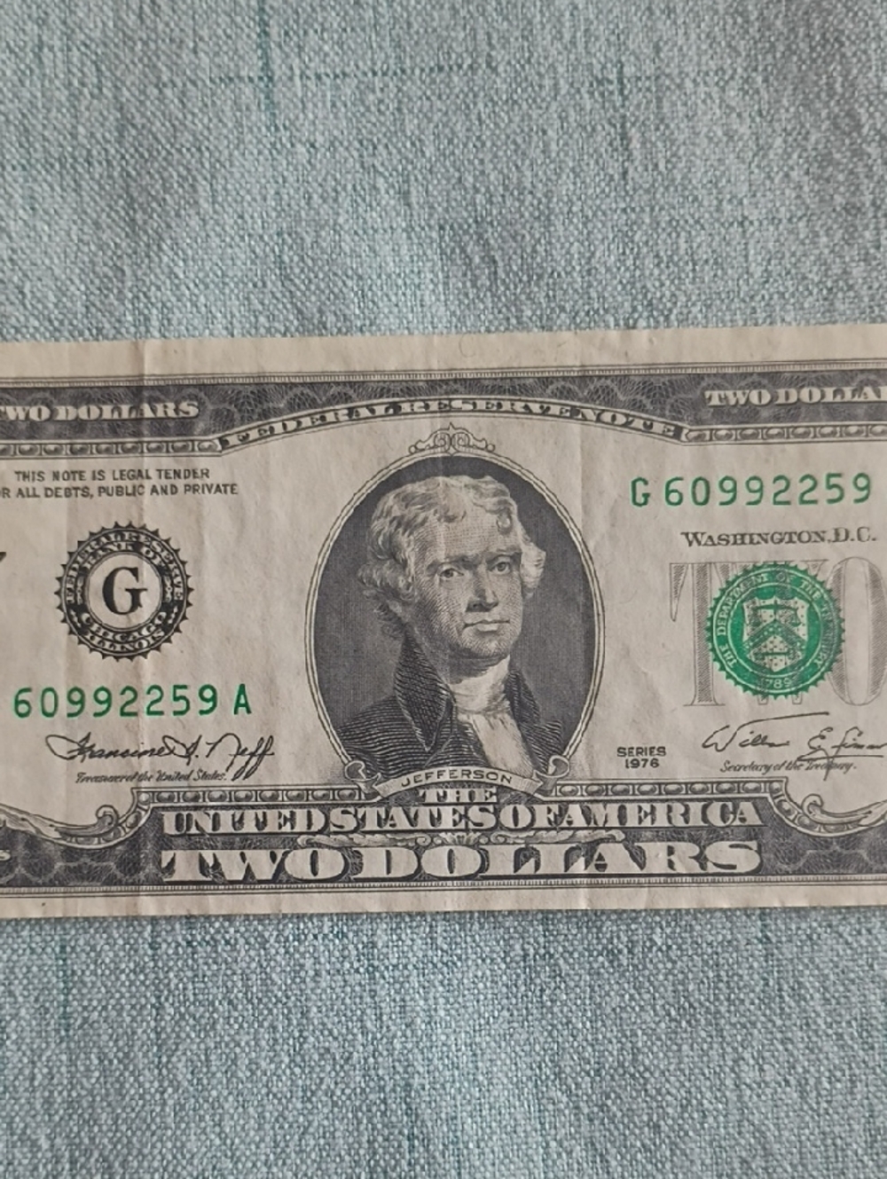 1976 Double Repeating Numbers $2 Bill